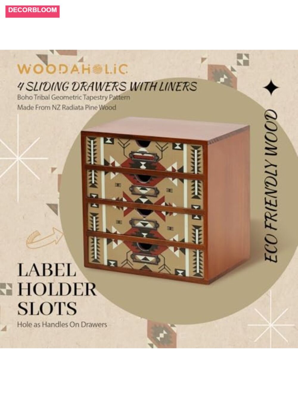 Boho Navajo Wooden Desk Organizer with Drawers – 4-Drawer Desktop Storage – - Picture 5 of 6